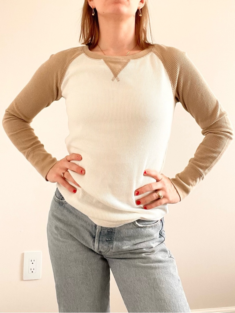 Vintage Faded Glory Thermal Top in Cream and Tan